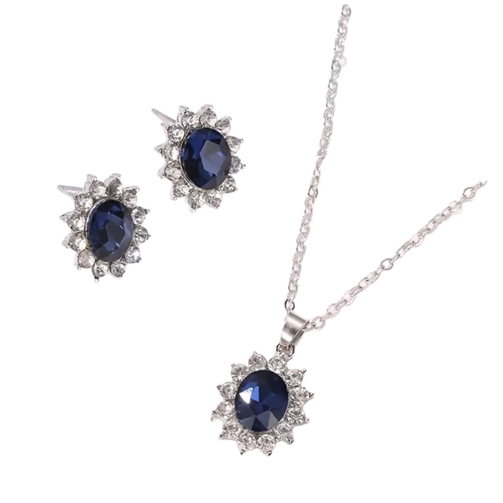 Silver Blue Sapphire Gemstone and Diamond Stud Earrings and Pendant Necklace Set